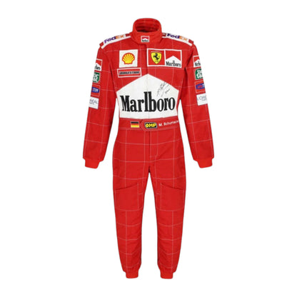 Michael Schumacher 2004 Ferrari F1 Racing Suit in red featuring iconic Ferrari racing graphics and authentic sponsor detailing