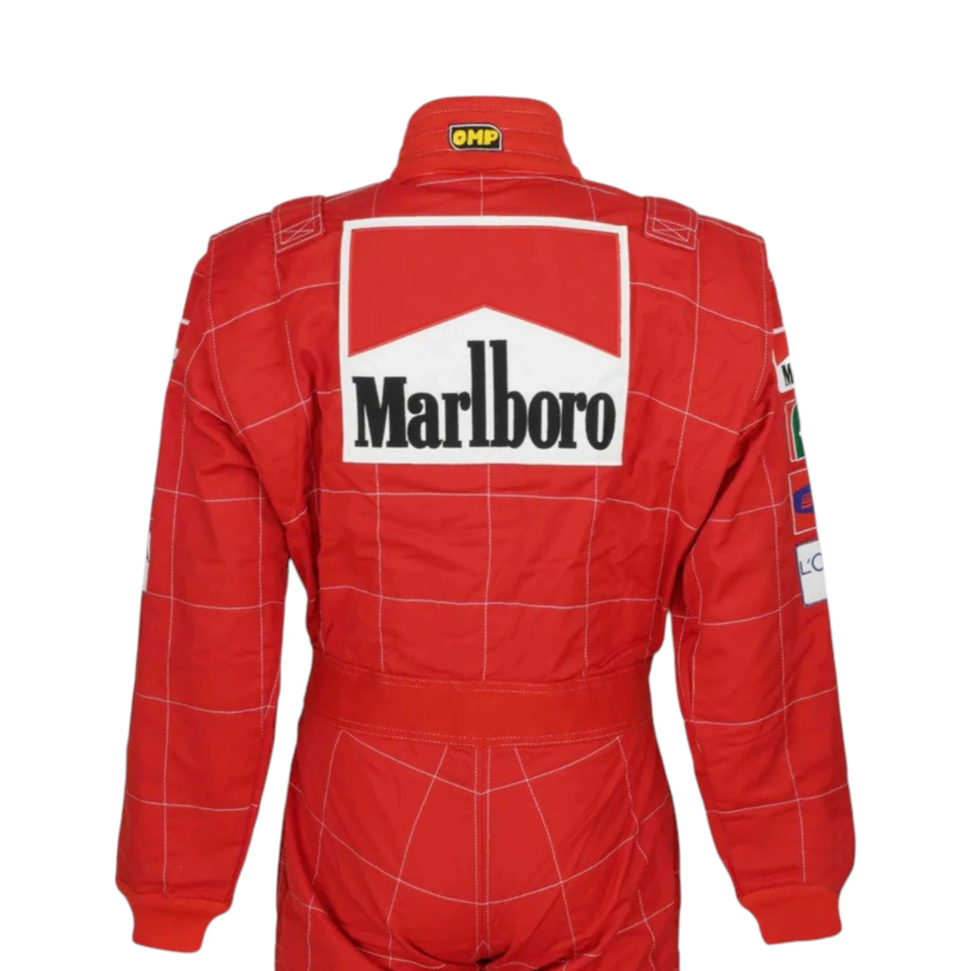 Michael Schumacher 2004 Ferrari F1 Racing Suit in red featuring iconic Ferrari racing graphics and authentic sponsor detailing