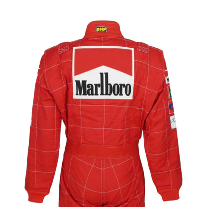 Michael Schumacher 2004 Ferrari F1 Racing Suit in red featuring iconic Ferrari racing graphics and authentic sponsor detailing
