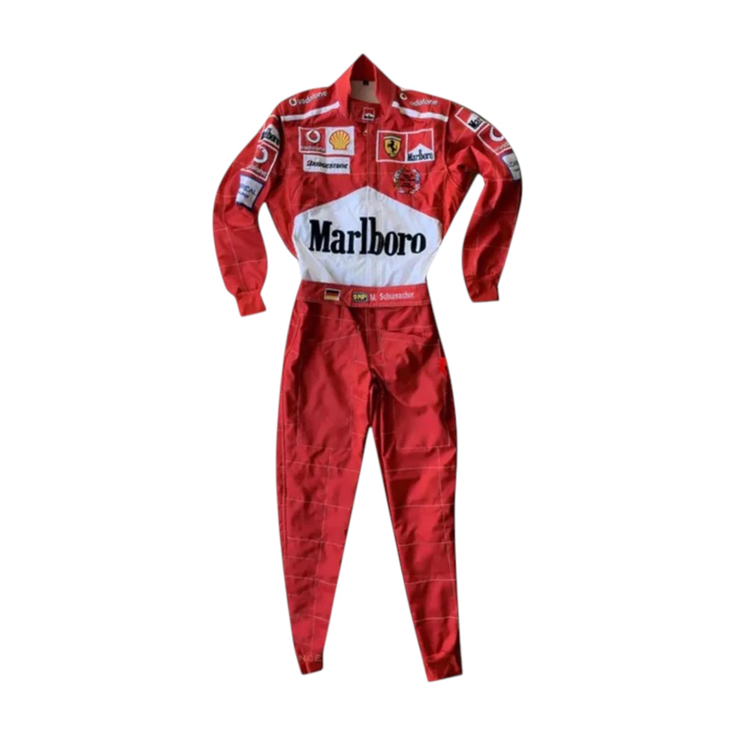 Michael Schumacher 2005 Ferrari F1 Racing Suit in red featuring iconic Ferrari racing graphics, authentic sponsor detailing, and championship inspired design