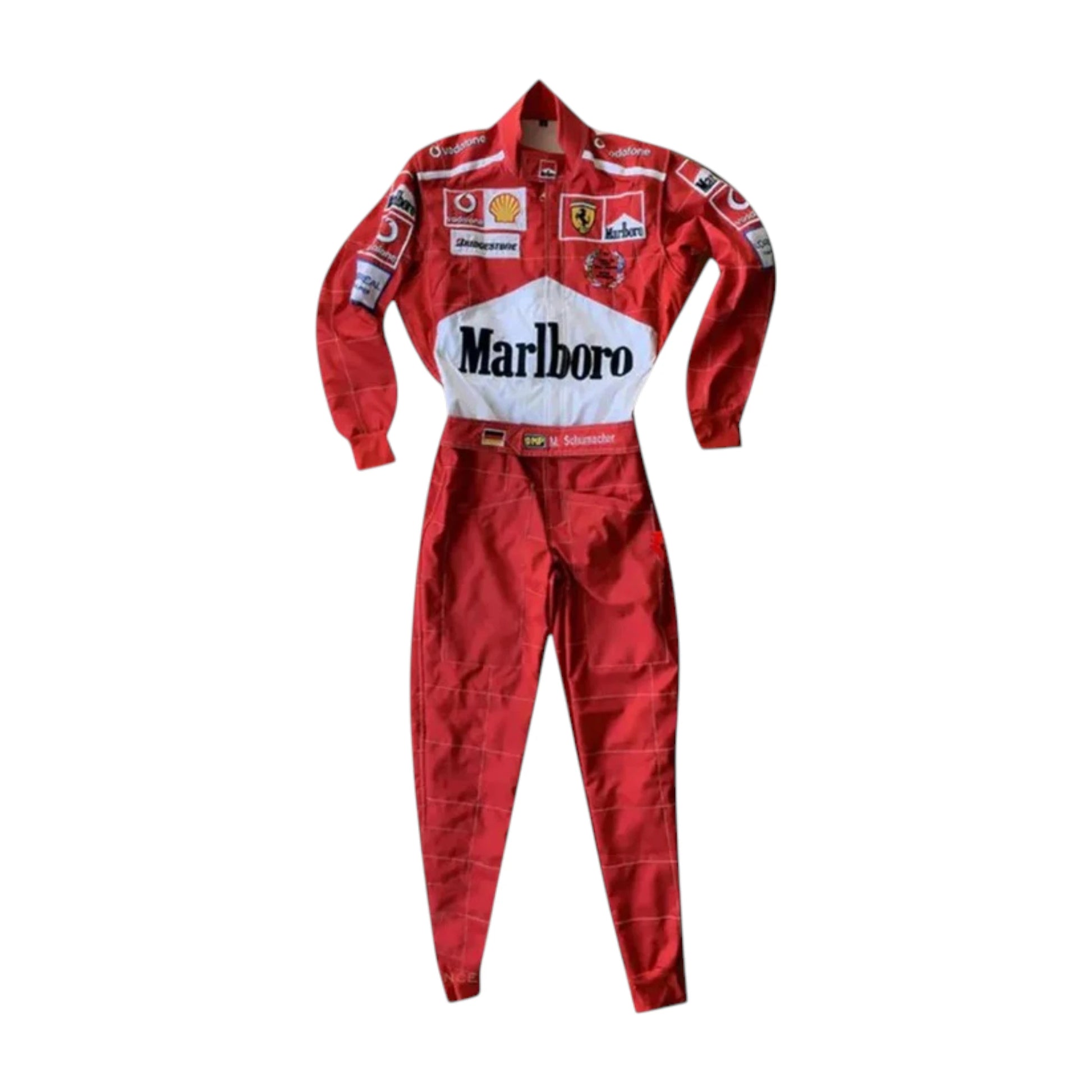 Michael Schumacher 2005 Ferrari F1 Racing Suit in red featuring iconic Ferrari racing graphics, authentic sponsor detailing, and championship inspired design