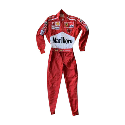 Michael Schumacher 2005 Ferrari F1 Racing Suit in red featuring iconic Ferrari racing graphics, authentic sponsor detailing, and championship inspired design