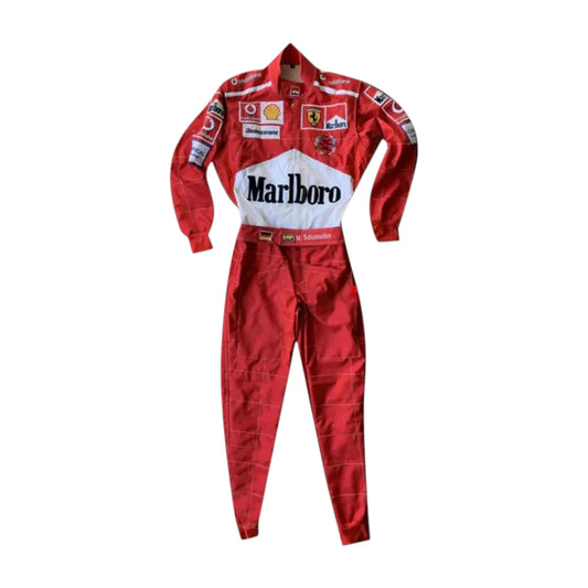 Michael Schumacher 2005 Ferrari F1 Racing Suit in red featuring iconic Ferrari racing graphics, authentic sponsor detailing, and championship inspired design
