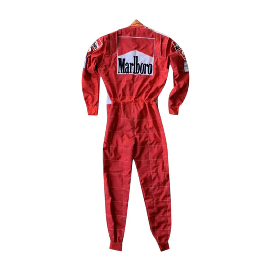 Michael Schumacher 2005 Ferrari F1 Racing Suit in red featuring iconic Ferrari racing graphics, authentic sponsor detailing, and championship inspired design