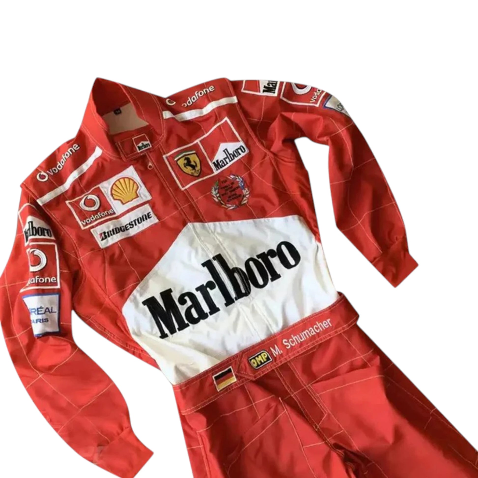 Michael Schumacher 2005 Ferrari F1 Racing Suit in red featuring iconic Ferrari racing graphics, authentic sponsor detailing, and championship inspired design