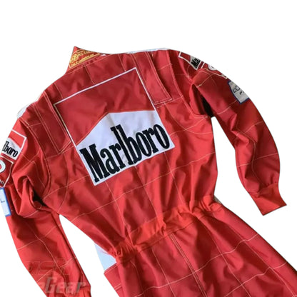 Michael Schumacher 2005 Ferrari F1 Racing Suit in red featuring iconic Ferrari racing graphics, authentic sponsor detailing, and championship inspired design