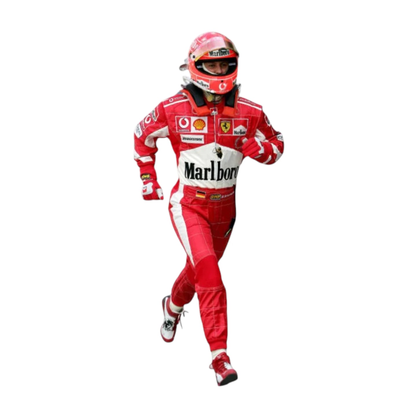 Michael Schumacher 2005 Ferrari F1 Racing Suit in red featuring iconic Ferrari racing graphics, authentic sponsor detailing, and championship inspired design