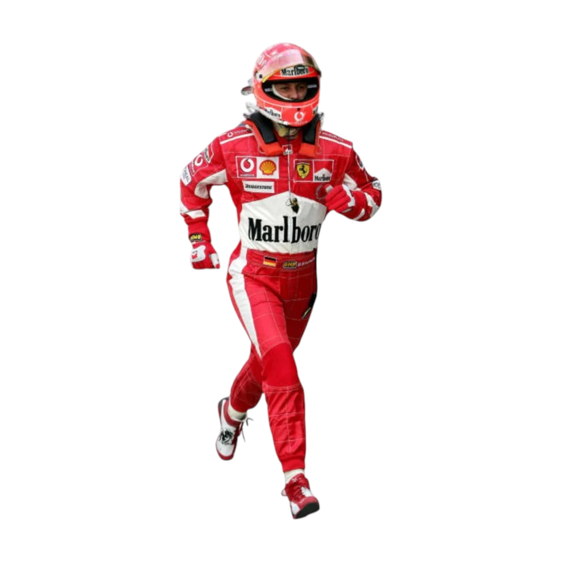 Michael Schumacher 2005 Ferrari F1 Racing Suit in red featuring iconic Ferrari racing graphics, authentic sponsor detailing, and championship inspired design