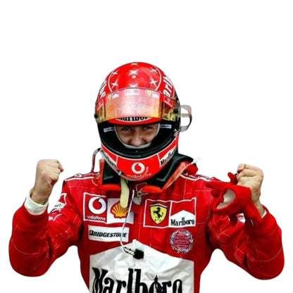 Michael Schumacher 2005 Ferrari F1 Racing Suit in red featuring iconic Ferrari racing graphics, authentic sponsor detailing, and championship inspired design