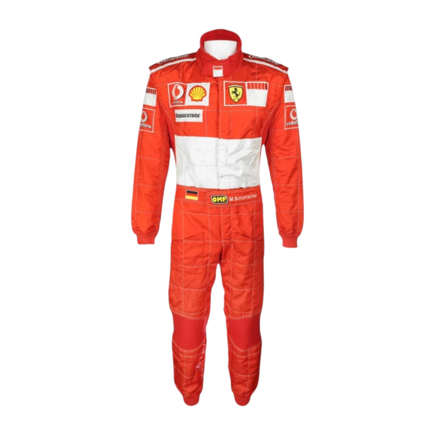 Michael Schumacher 2006 Ferrari F1 Racing Suit in red and white featuring iconic Ferrari racing graphics, authentic sponsor detailing, and championship inspired design
