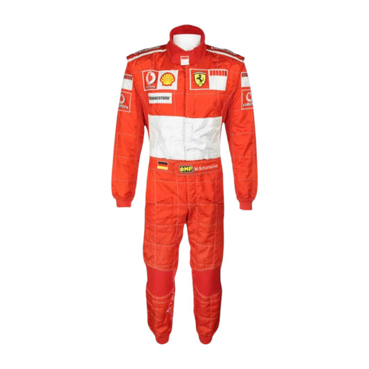 Michael Schumacher 2006 Ferrari F1 Racing Suit in red and white featuring iconic Ferrari racing graphics, authentic sponsor detailing, and championship inspired design