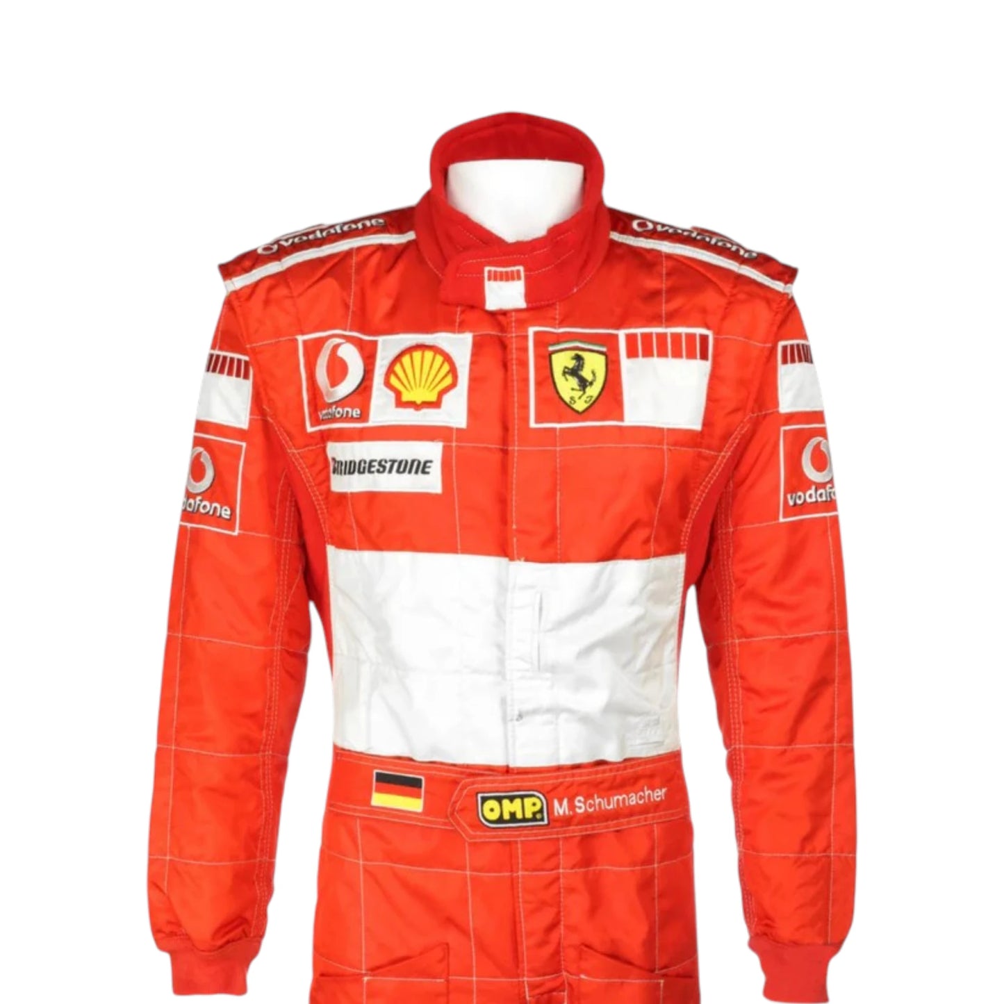 Michael Schumacher 2006 Ferrari F1 Racing Suit in red and white featuring iconic Ferrari racing graphics, authentic sponsor detailing, and championship inspired design