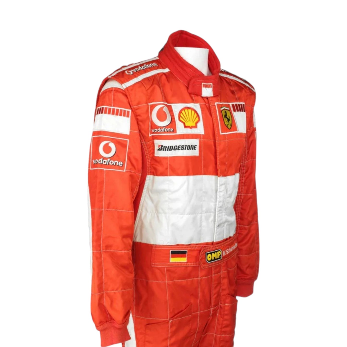 Michael Schumacher 2006 Ferrari F1 Racing Suit in red and white featuring iconic Ferrari racing graphics, authentic sponsor detailing, and championship inspired design