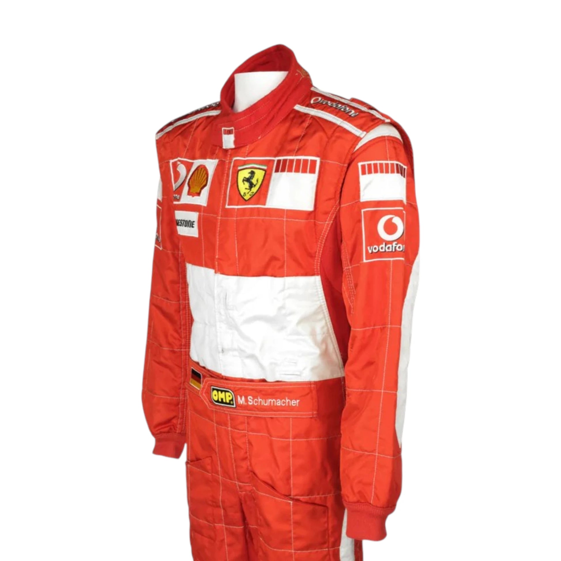 Michael Schumacher 2006 Ferrari F1 Racing Suit in red and white featuring iconic Ferrari racing graphics, authentic sponsor detailing, and championship inspired design
