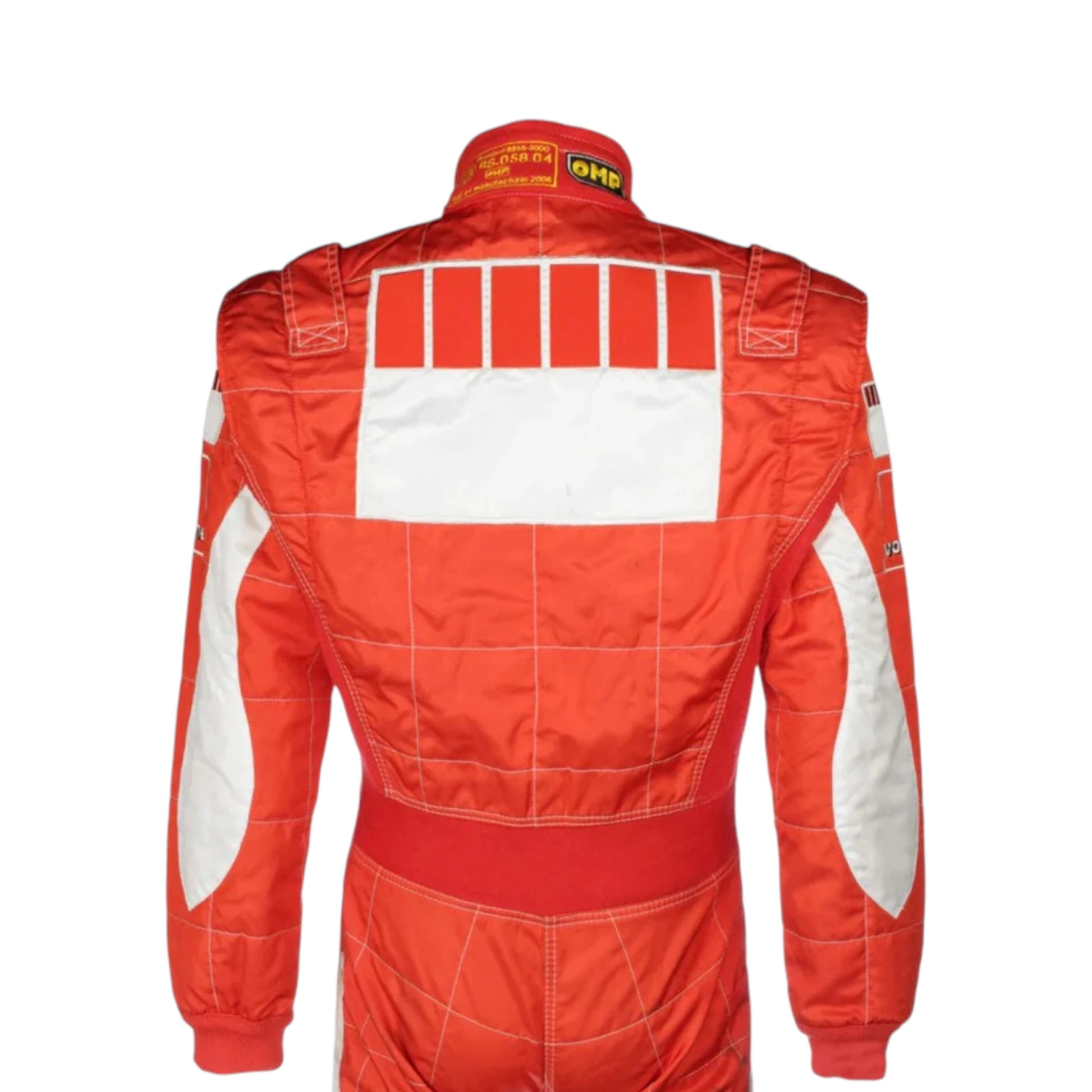 Michael Schumacher 2006 Ferrari F1 Racing Suit in red and white featuring iconic Ferrari racing graphics, authentic sponsor detailing, and championship inspired design