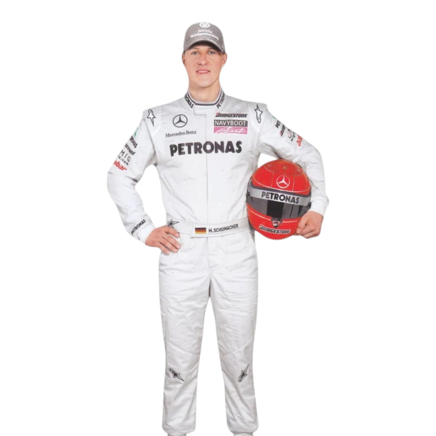 Michael Schumacher 2010 Mercedes AMG Petronas F1 Racing Suit in silver featuring iconic Mercedes-AMG Petronas team graphics, authentic sponsor detailing, and championship inspired design