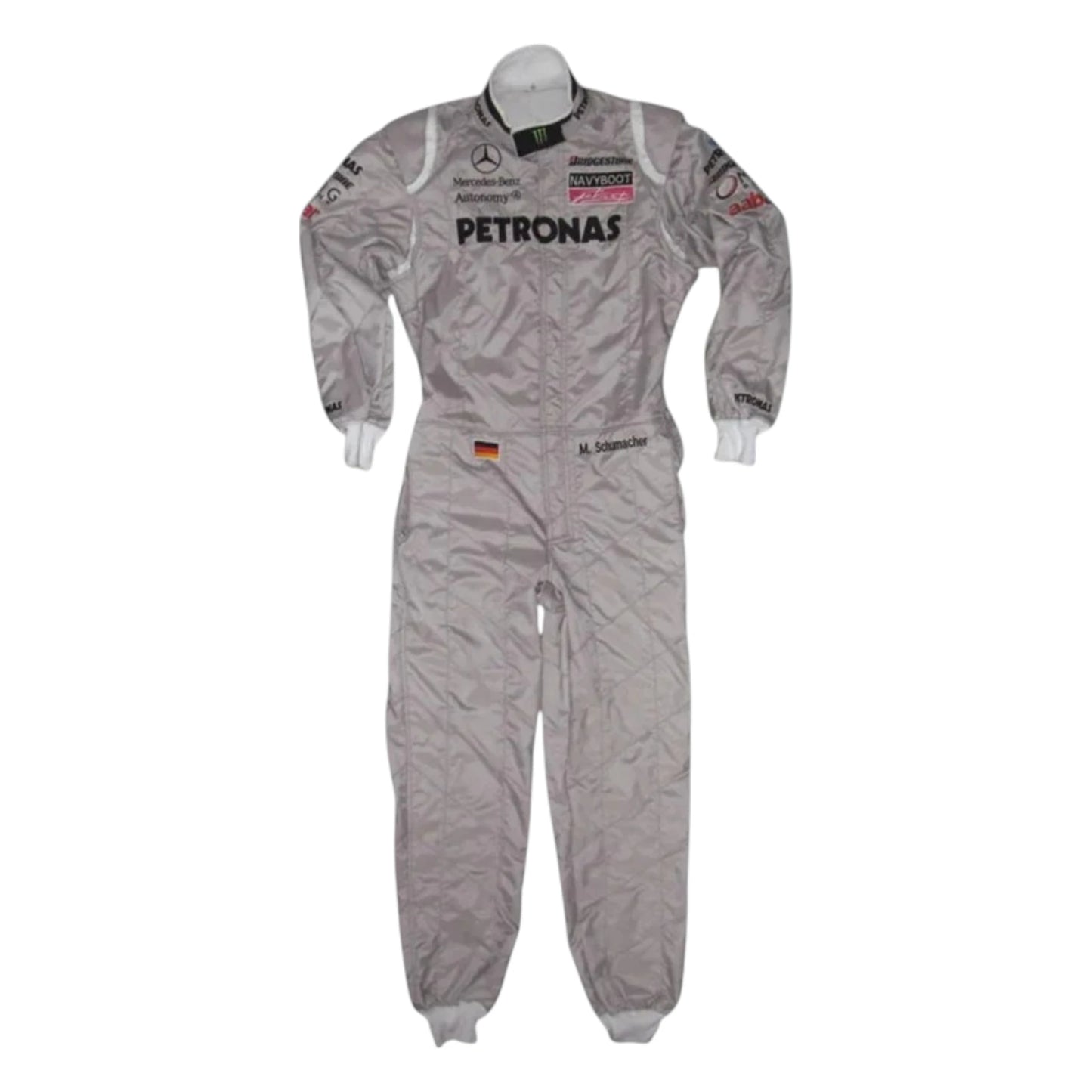 Michael Schumacher 2010 Mercedes AMG Petronas F1 Racing Suit in silver featuring iconic Mercedes-AMG Petronas team graphics, authentic sponsor detailing, and championship inspired design