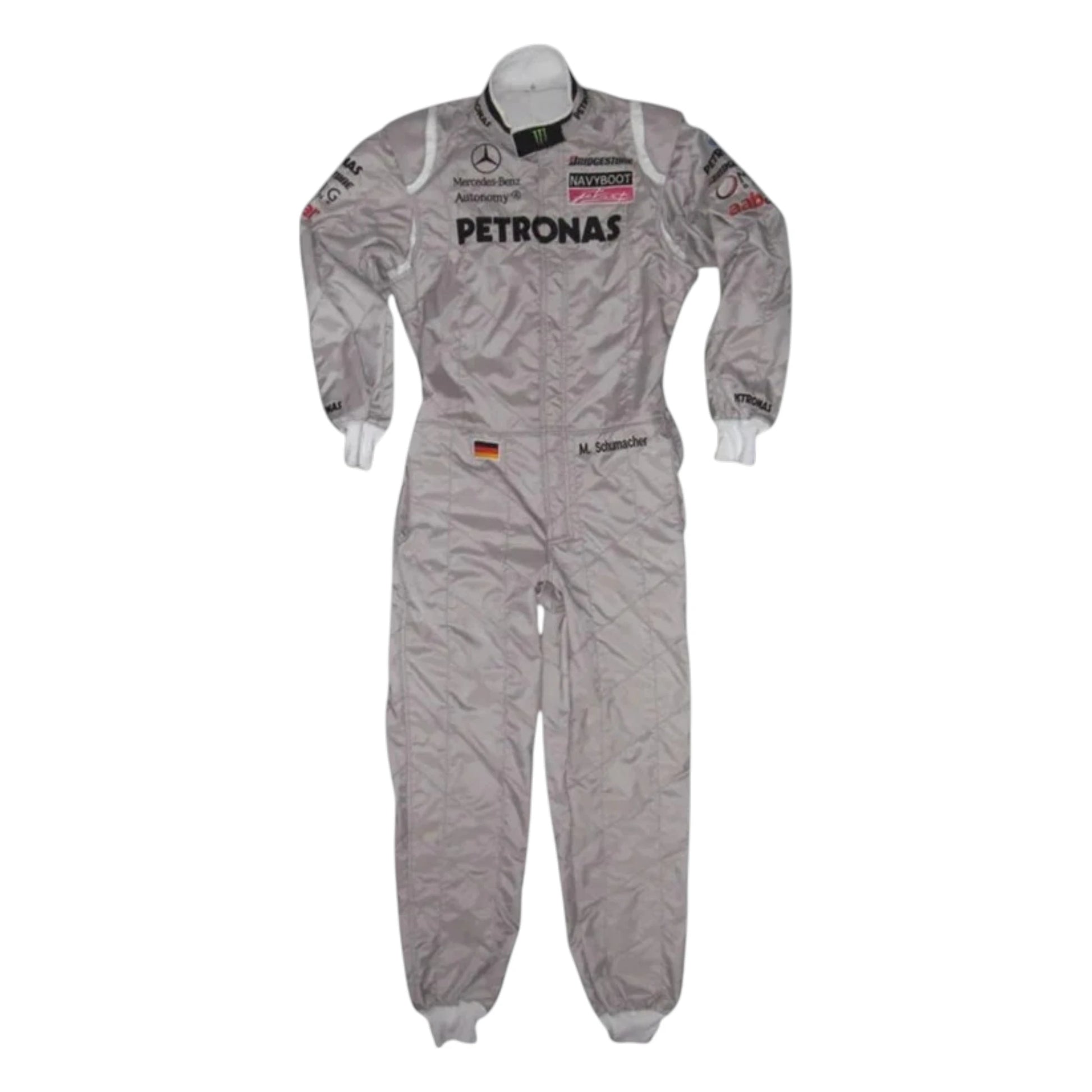 Michael Schumacher 2010 Mercedes AMG Petronas F1 Racing Suit in silver featuring iconic Mercedes-AMG Petronas team graphics, authentic sponsor detailing, and championship inspired design