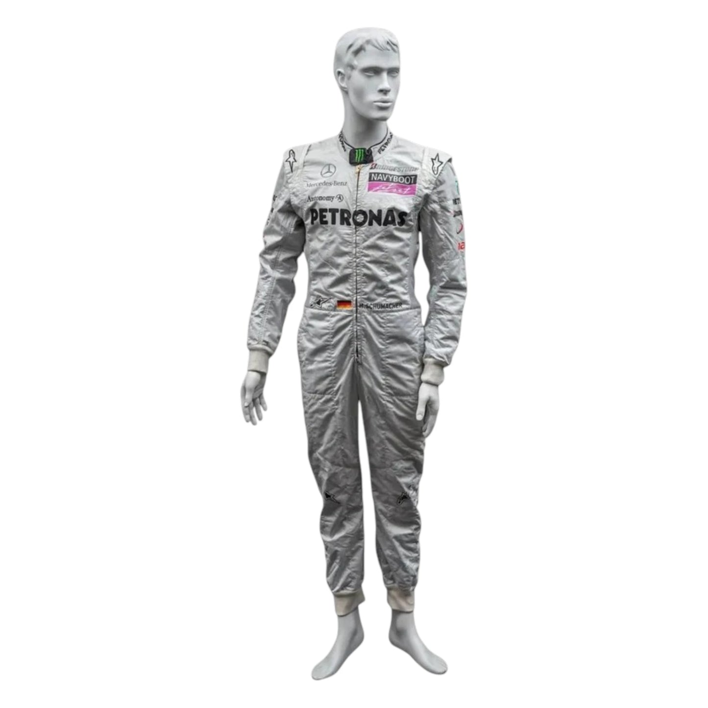 Michael Schumacher 2010 Mercedes AMG Petronas F1 Racing Suit in silver featuring iconic Mercedes-AMG Petronas team graphics, authentic sponsor detailing, and championship inspired design