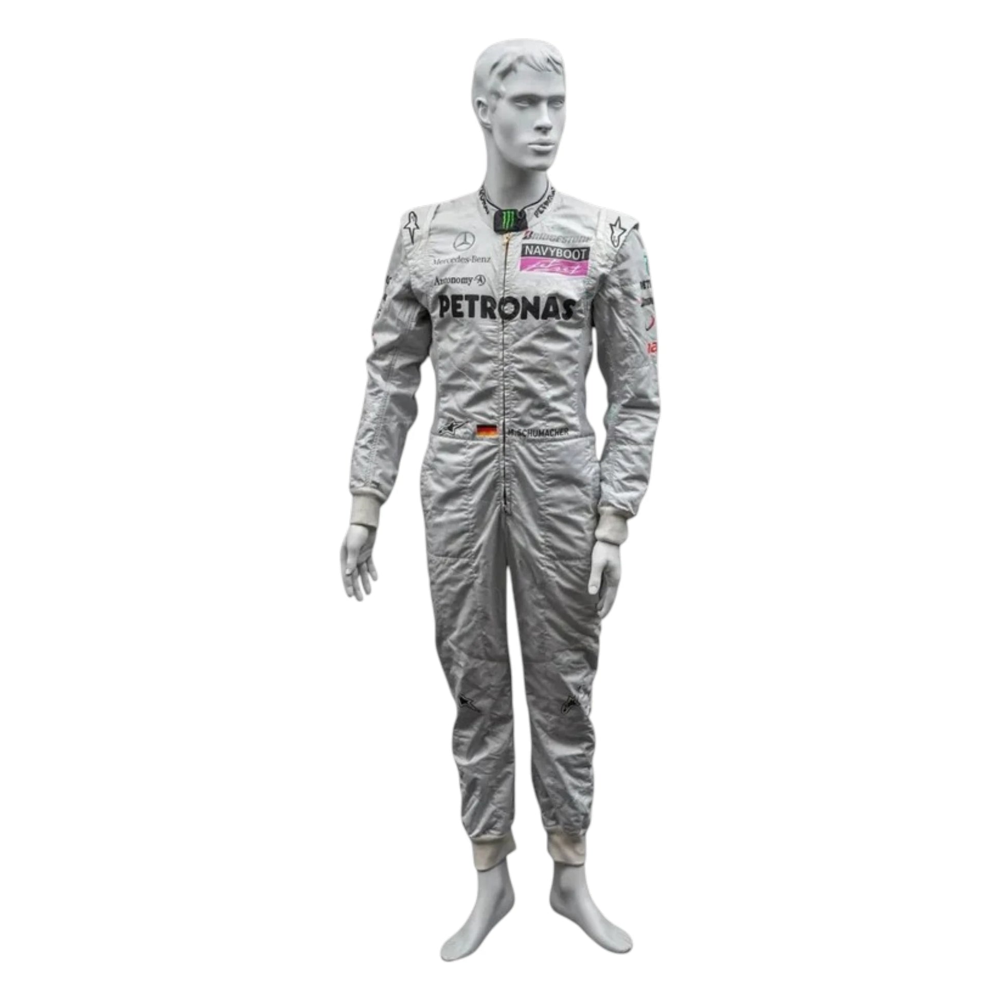 Michael Schumacher 2010 Mercedes AMG Petronas F1 Racing Suit in silver featuring iconic Mercedes-AMG Petronas team graphics, authentic sponsor detailing, and championship inspired design