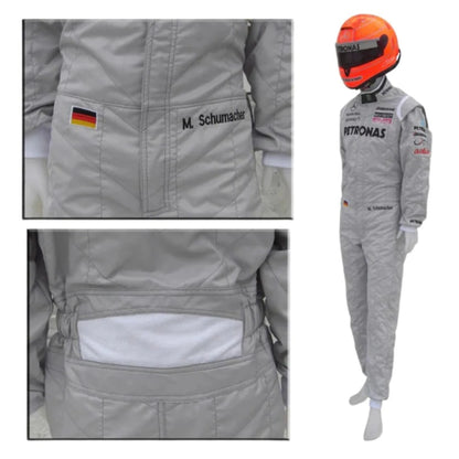 Michael Schumacher 2010 Mercedes AMG Petronas F1 Racing Suit in silver featuring iconic Mercedes-AMG Petronas team graphics, authentic sponsor detailing, and championship inspired design
