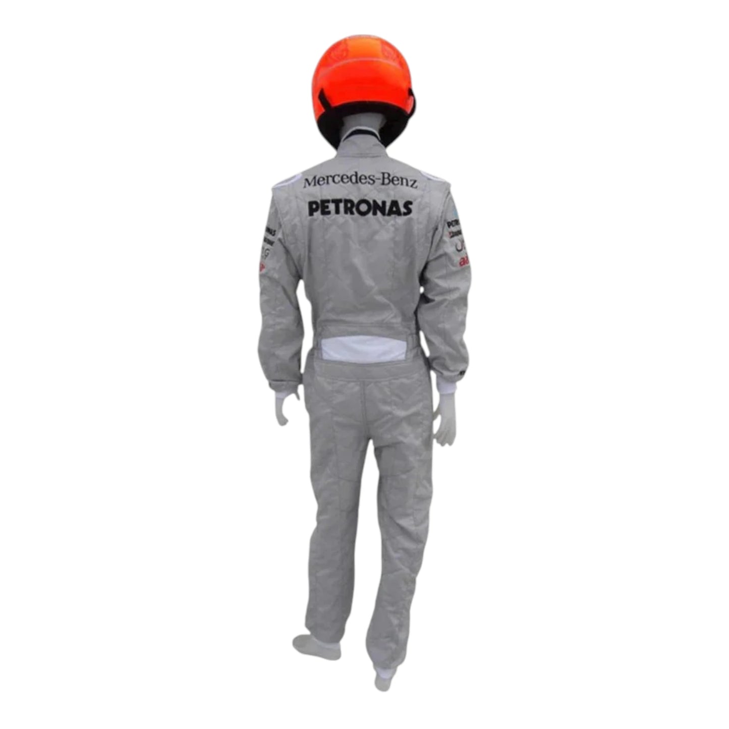 Michael Schumacher 2010 Mercedes AMG Petronas F1 Racing Suit in silver featuring iconic Mercedes-AMG Petronas team graphics, authentic sponsor detailing, and championship inspired design