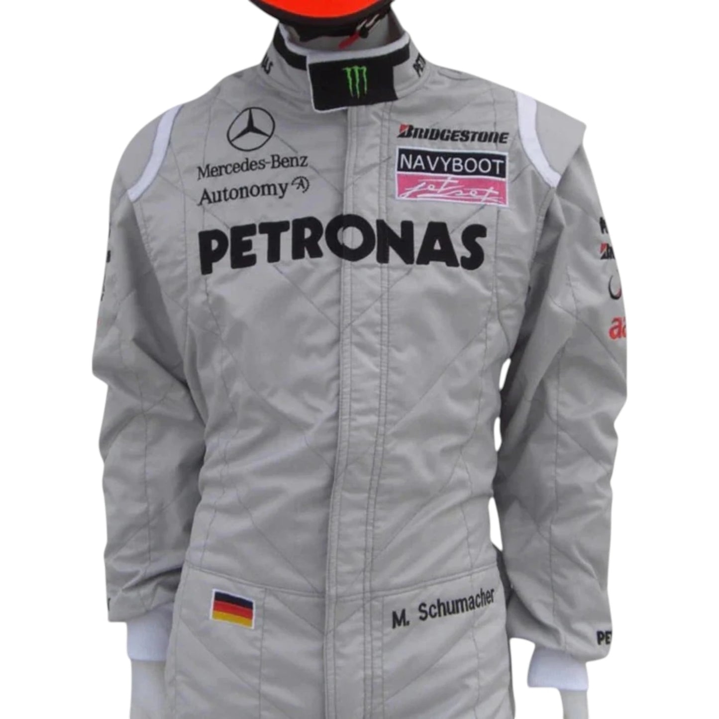 Michael Schumacher 2010 Mercedes AMG Petronas F1 Racing Suit in silver featuring iconic Mercedes-AMG Petronas team graphics, authentic sponsor detailing, and championship inspired design