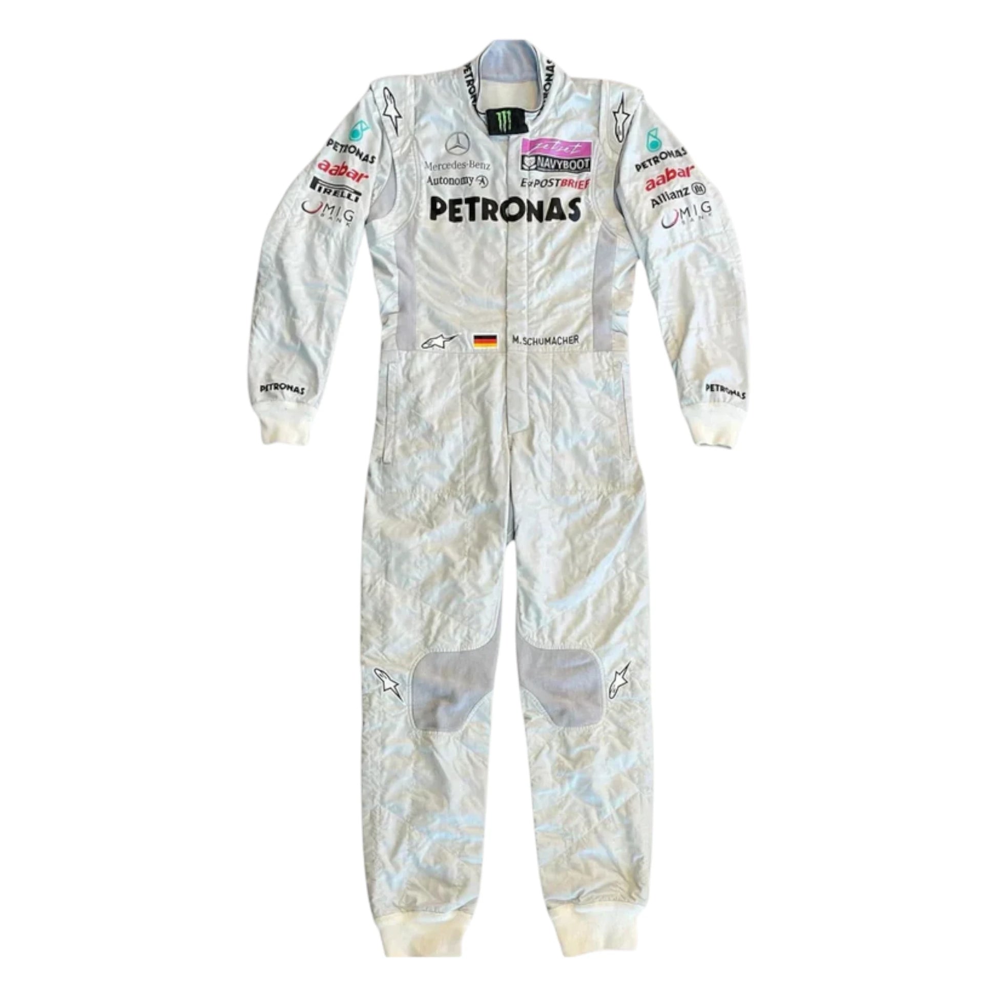 Michael Schumacher 2011 Mercedes-AMG Petronas F1 Racing Suit featuring iconic silver Mercedes-AMG Petronas team graphics and authentic sponsor detailing