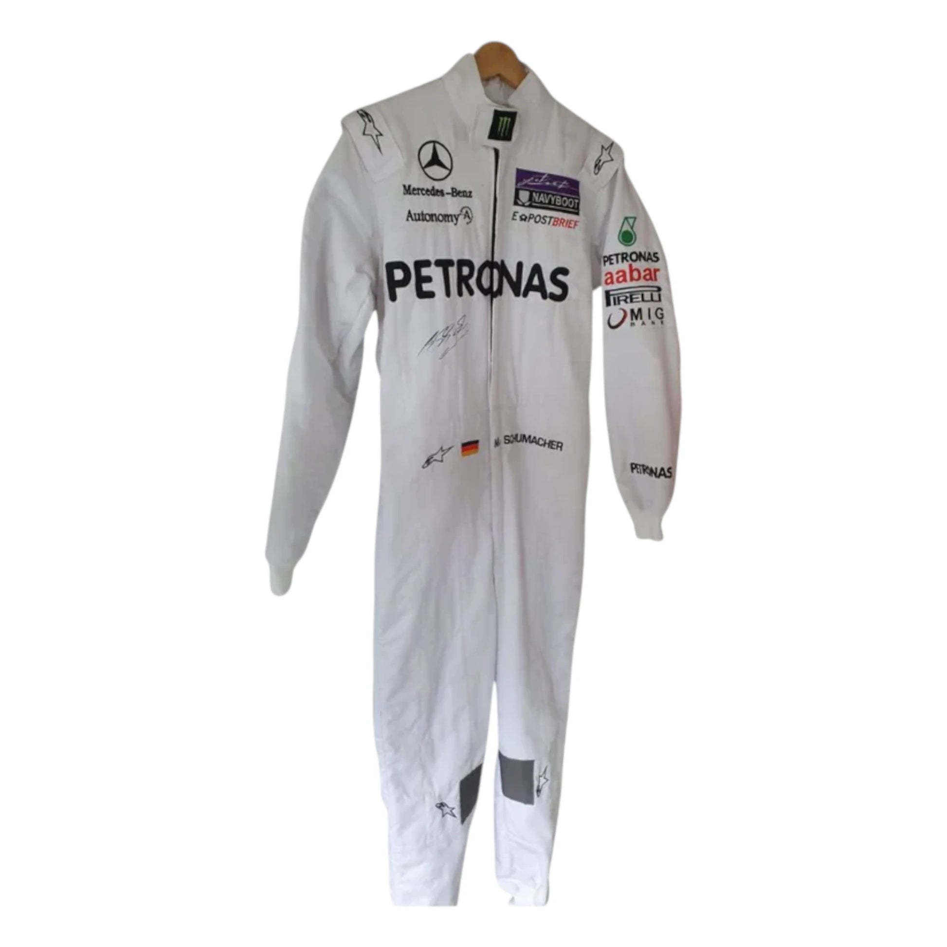 Michael Schumacher 2011 Mercedes-AMG Petronas F1 Racing Suit featuring iconic silver Mercedes-AMG Petronas team graphics and authentic sponsor detailing