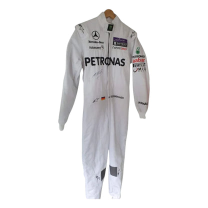 Michael Schumacher 2011 Mercedes-AMG Petronas F1 Racing Suit featuring iconic silver Mercedes-AMG Petronas team graphics and authentic sponsor detailing