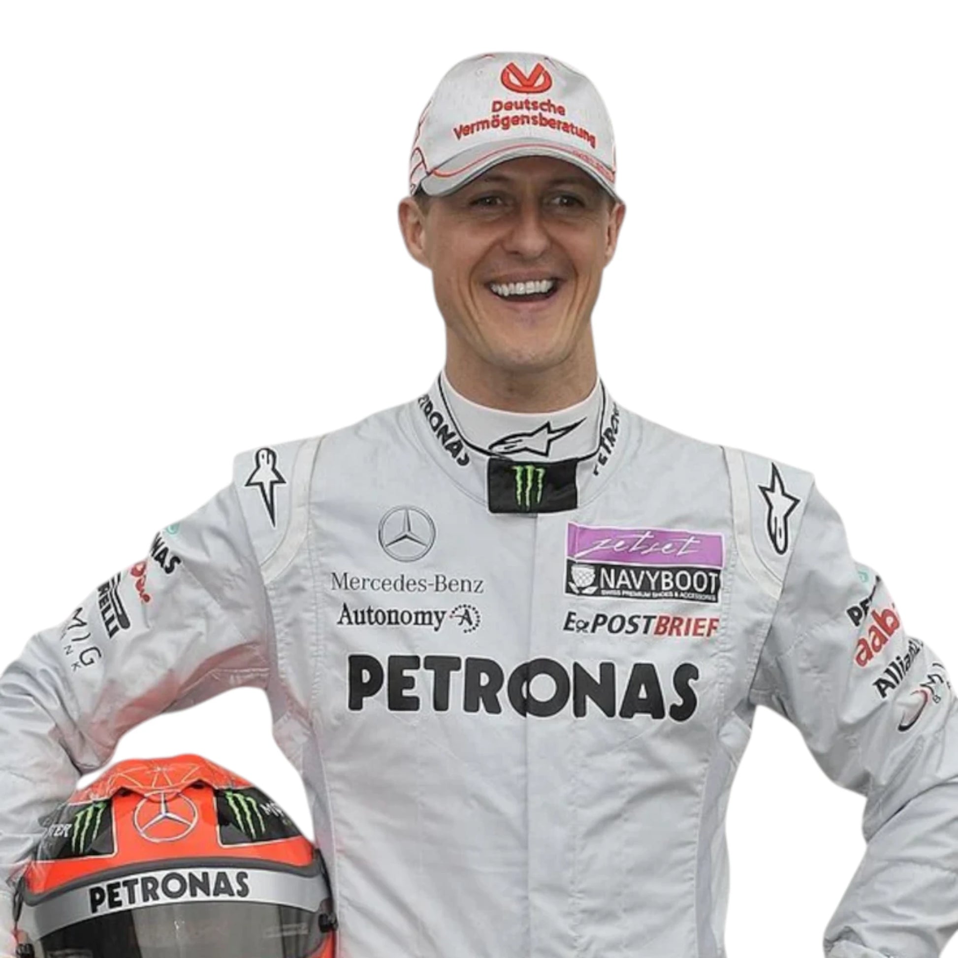 Michael Schumacher 2011 Mercedes-AMG Petronas F1 Racing Suit featuring iconic silver Mercedes-AMG Petronas team graphics and authentic sponsor detailing