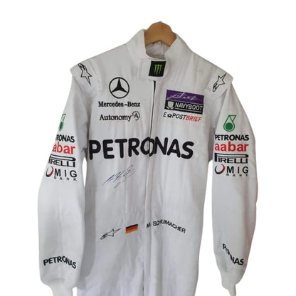 Michael Schumacher 2011 Mercedes-AMG Petronas F1 Racing Suit featuring iconic silver Mercedes-AMG Petronas team graphics and authentic sponsor detailing