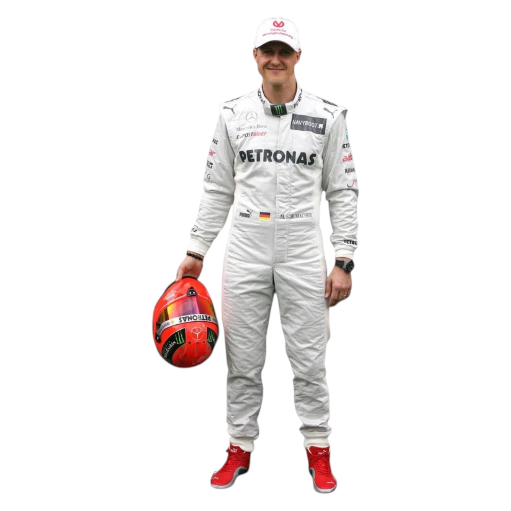 Michael Schumacher 2012 Mercedes-AMG Petronas F1 Racing Suit in white featuring iconic silver Mercedes-AMG Petronas team graphics and authentic sponsor detailing