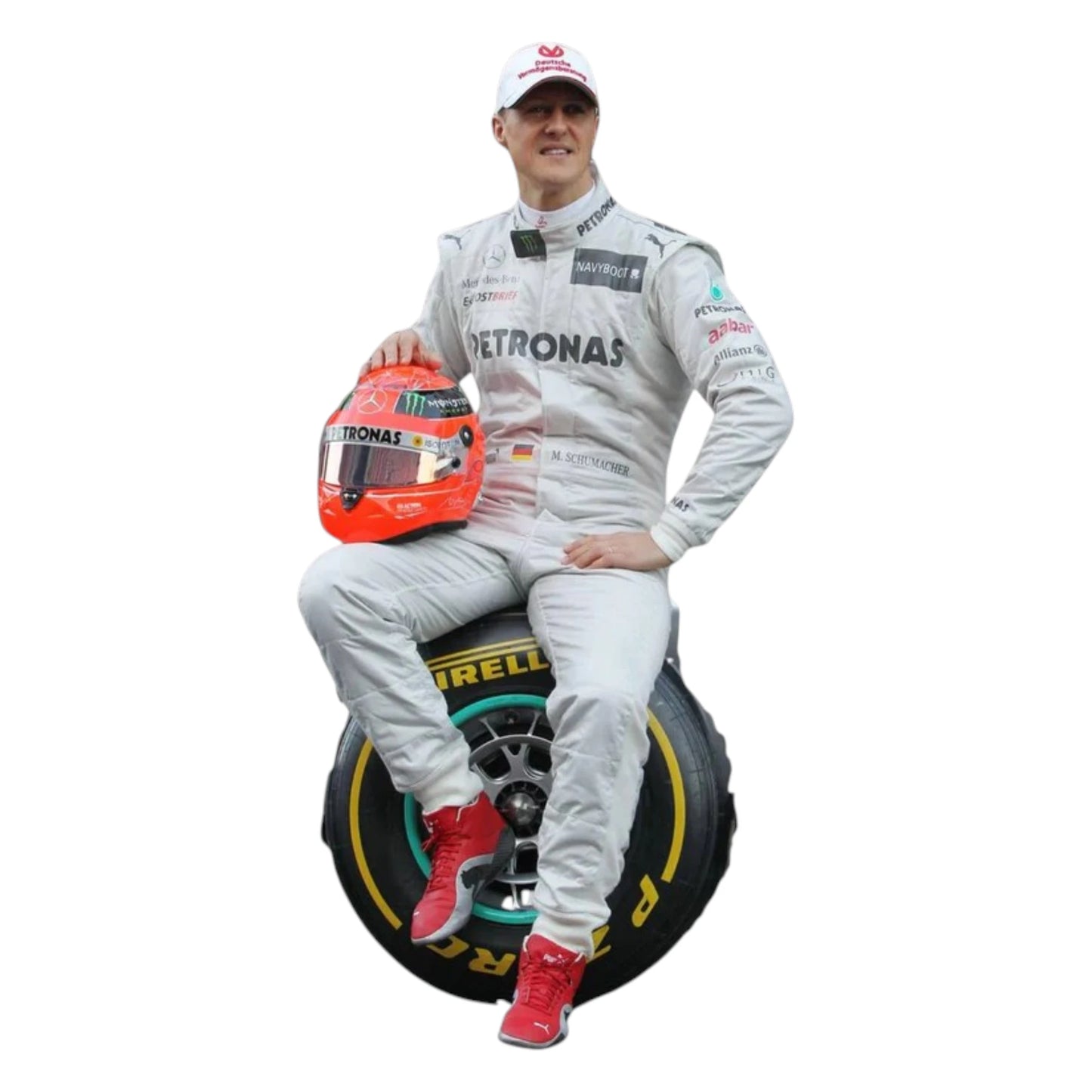 Michael Schumacher 2012 Mercedes-AMG Petronas F1 Racing Suit in white featuring iconic silver Mercedes-AMG Petronas team graphics and authentic sponsor detailing