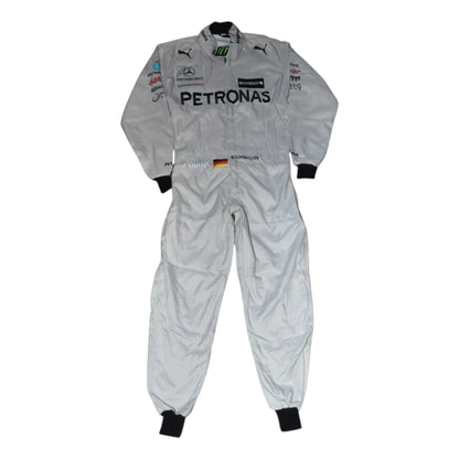 Michael Schumacher 2012 Mercedes-AMG Petronas F1 Racing Suit in white featuring iconic silver Mercedes-AMG Petronas team graphics and authentic sponsor detailing