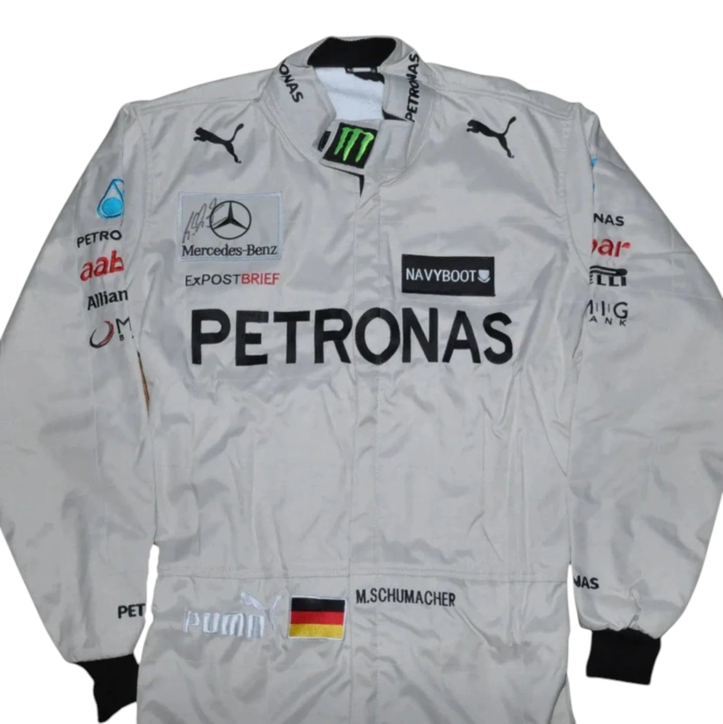 Michael Schumacher 2012 Mercedes-AMG Petronas F1 Racing Suit in white featuring iconic silver Mercedes-AMG Petronas team graphics and authentic sponsor detailing