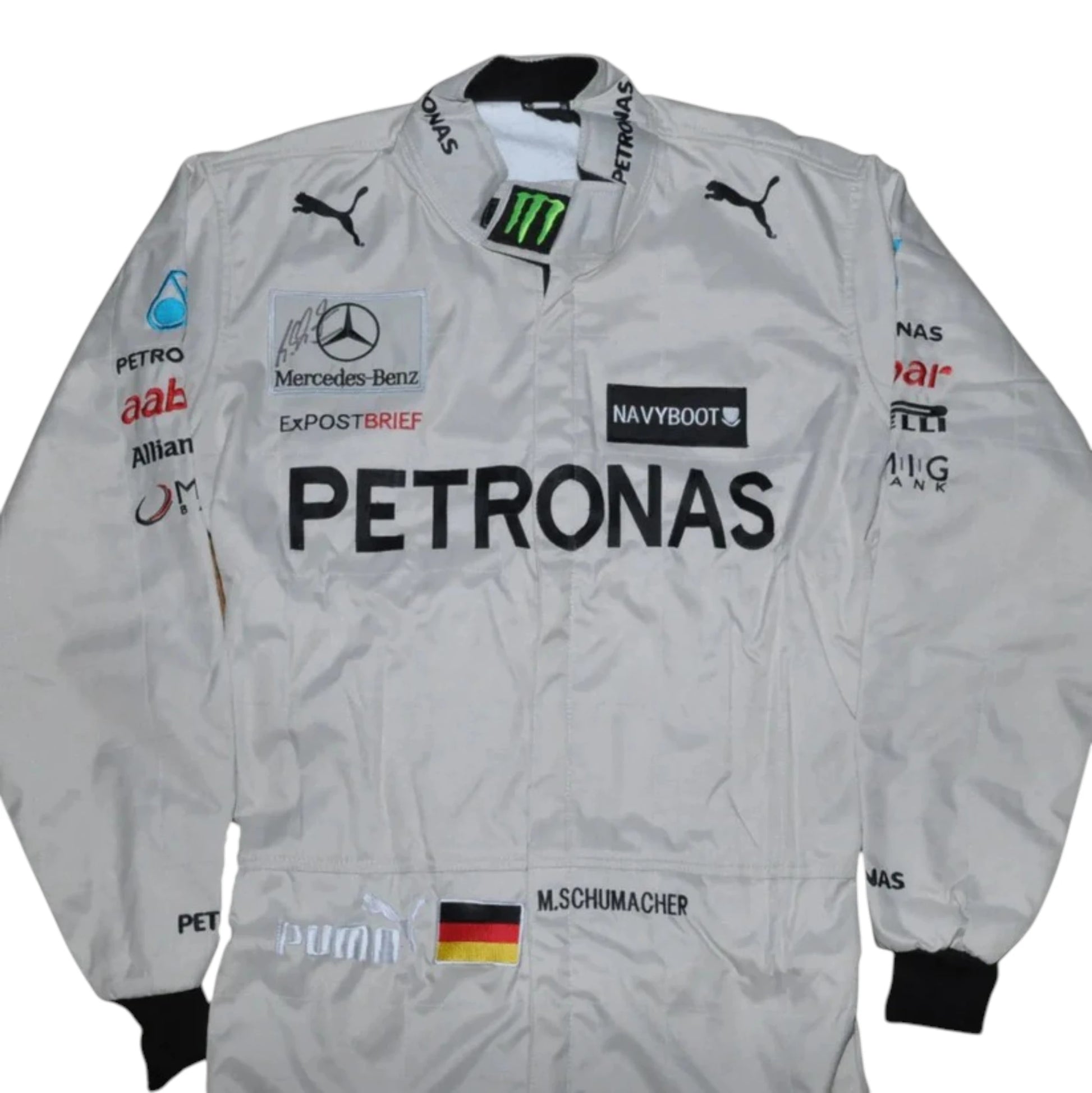 Michael Schumacher 2012 Mercedes-AMG Petronas F1 Racing Suit in white featuring iconic silver Mercedes-AMG Petronas team graphics and authentic sponsor detailing