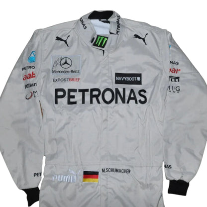 Michael Schumacher 2012 Mercedes-AMG Petronas F1 Racing Suit in white featuring iconic silver Mercedes-AMG Petronas team graphics and authentic sponsor detailing