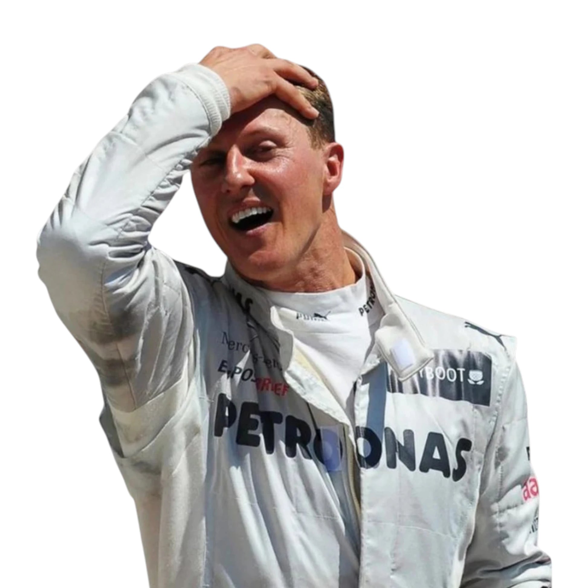 Michael Schumacher 2012 Mercedes-AMG Petronas F1 Racing Suit in white featuring iconic silver Mercedes-AMG Petronas team graphics and authentic sponsor detailing