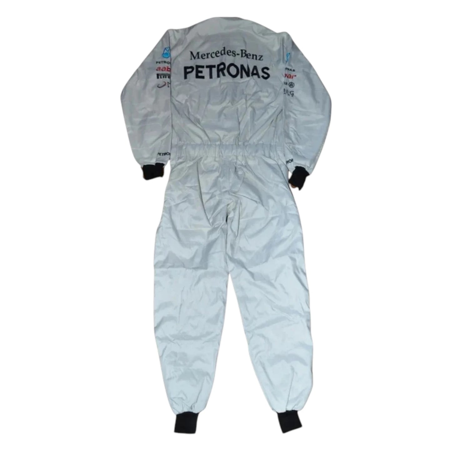 Michael Schumacher 2012 Mercedes-AMG Petronas F1 Racing Suit in white featuring iconic silver Mercedes-AMG Petronas team graphics and authentic sponsor detailing