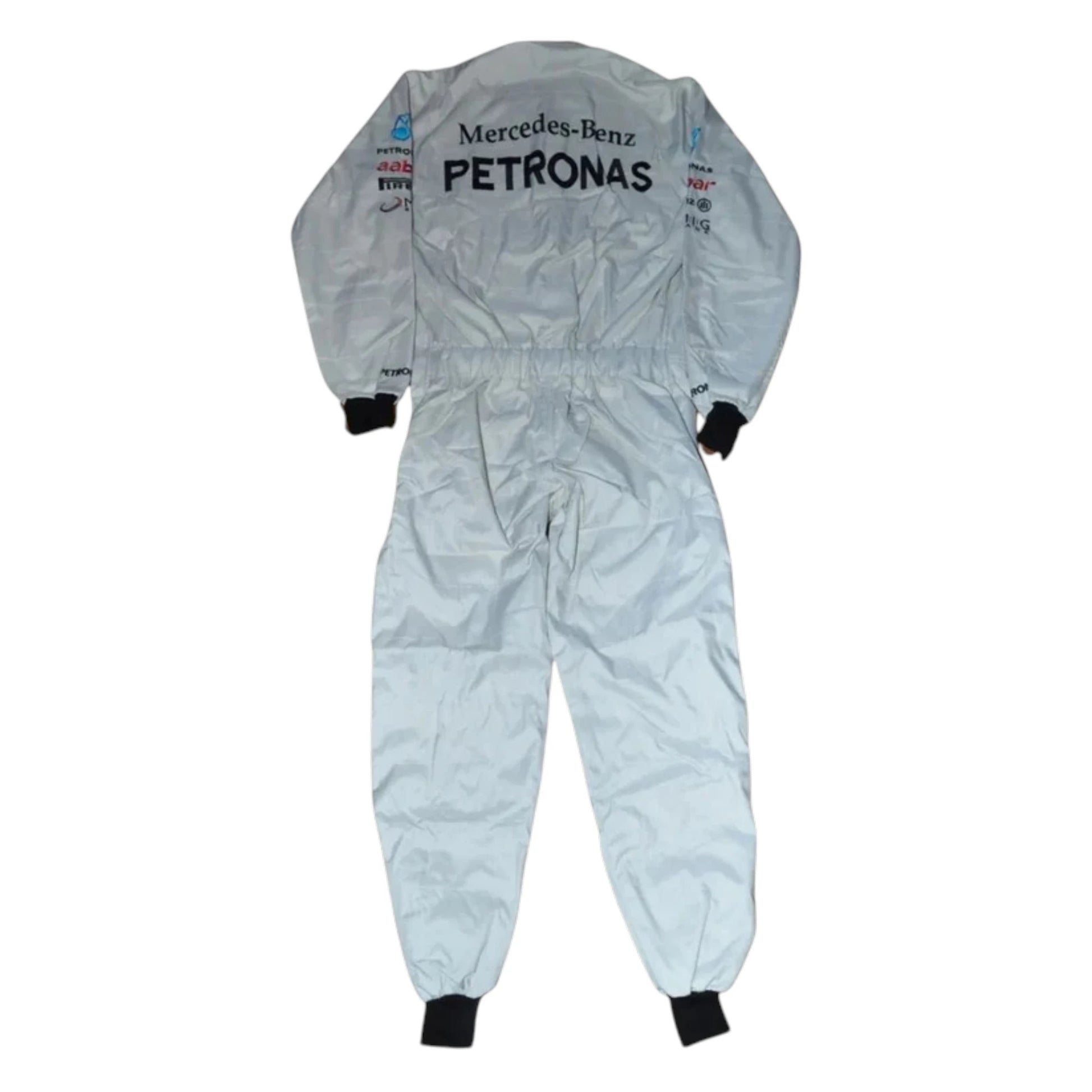 Michael Schumacher 2012 Mercedes-AMG Petronas F1 Racing Suit in white featuring iconic silver Mercedes-AMG Petronas team graphics and authentic sponsor detailing
