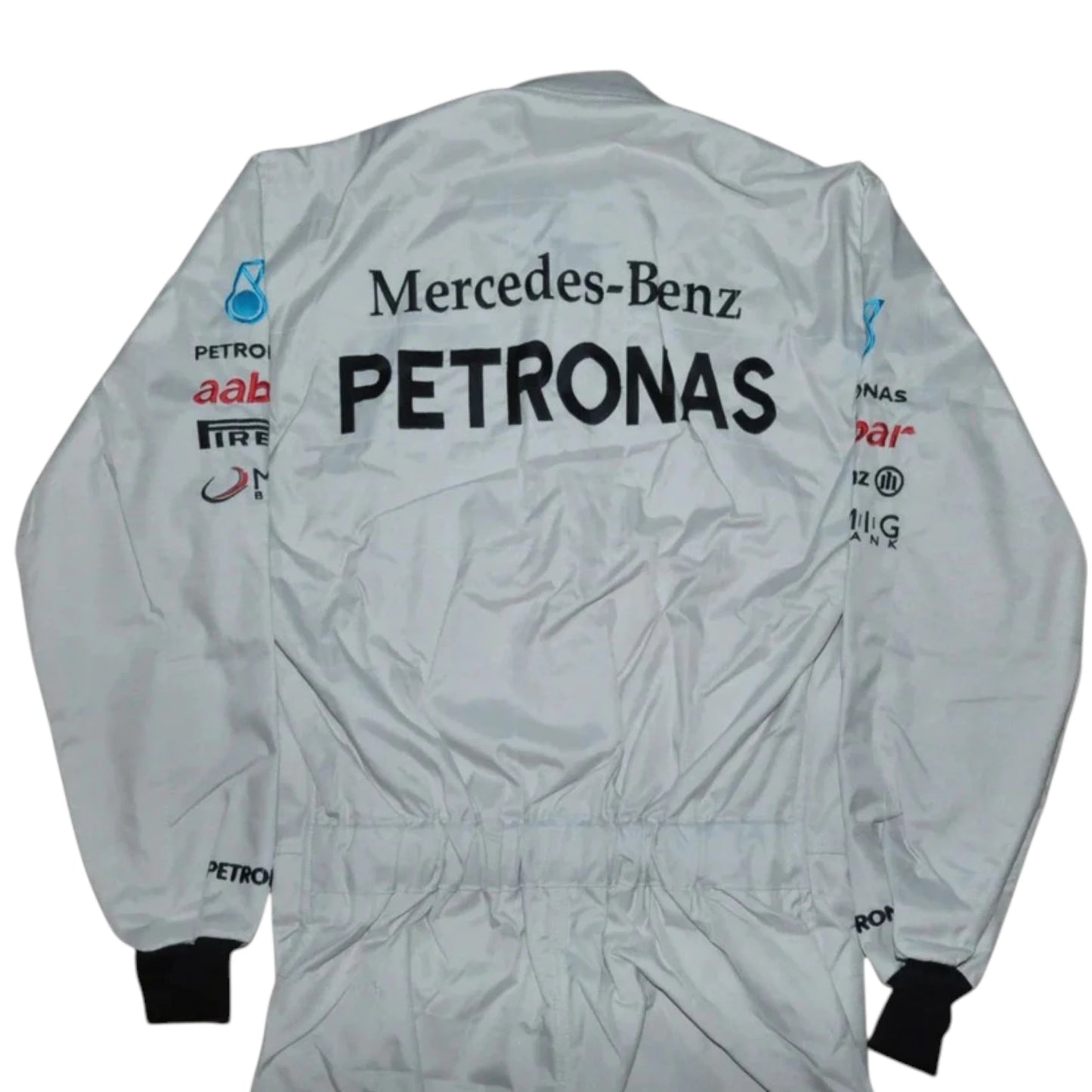 Michael Schumacher 2012 Mercedes-AMG Petronas F1 Racing Suit in white featuring iconic silver Mercedes-AMG Petronas team graphics and authentic sponsor detailing