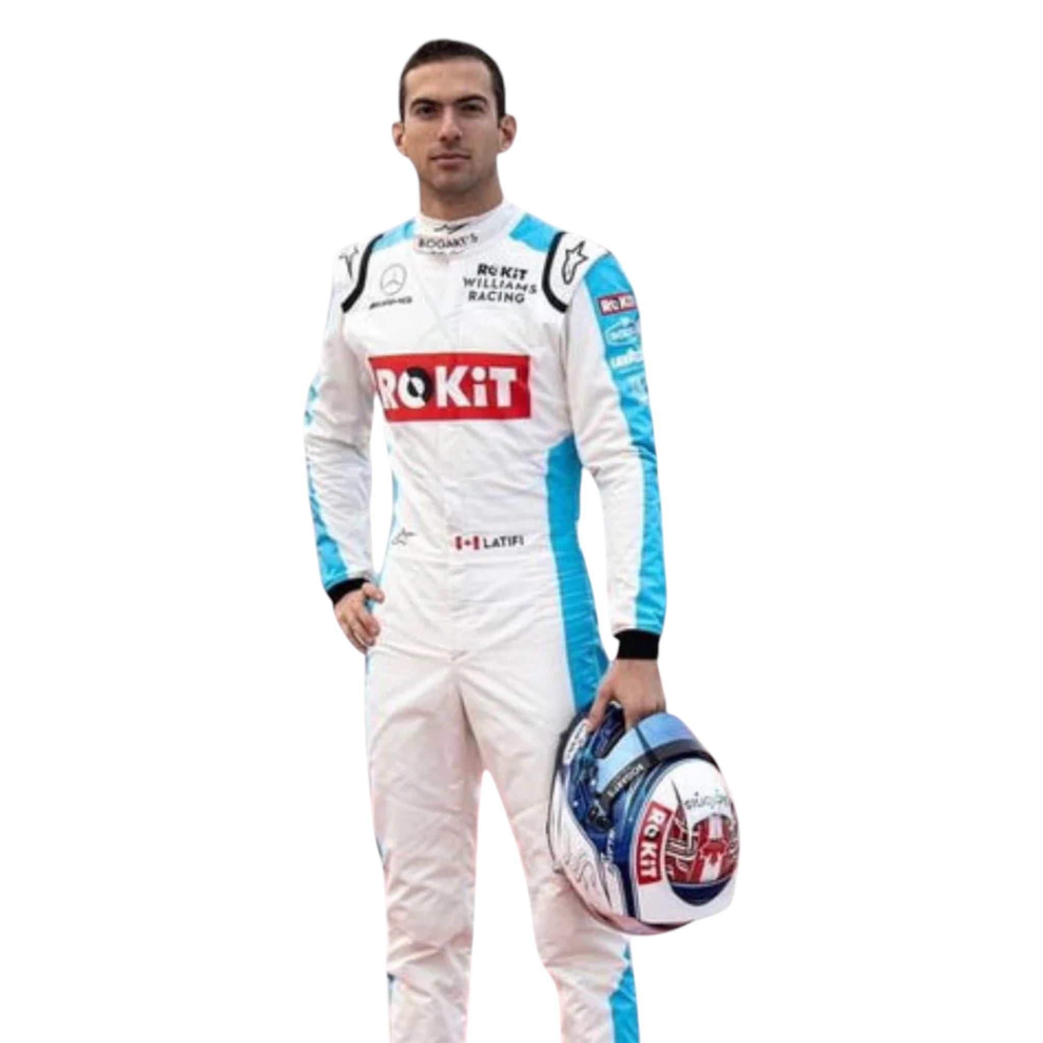 Nicholas Latifi 2020 Williams F1 race suit in white with blue and red accents featuring sponsor logos