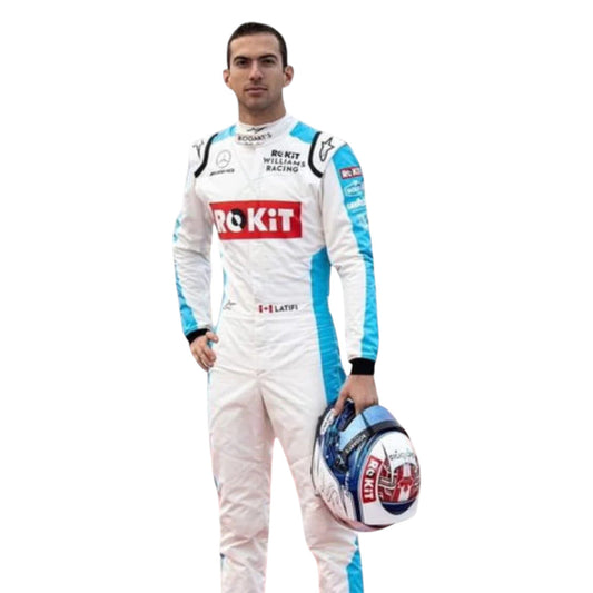 Nicholas Latifi 2020 Williams F1 race suit in white with blue and red accents featuring sponsor logos