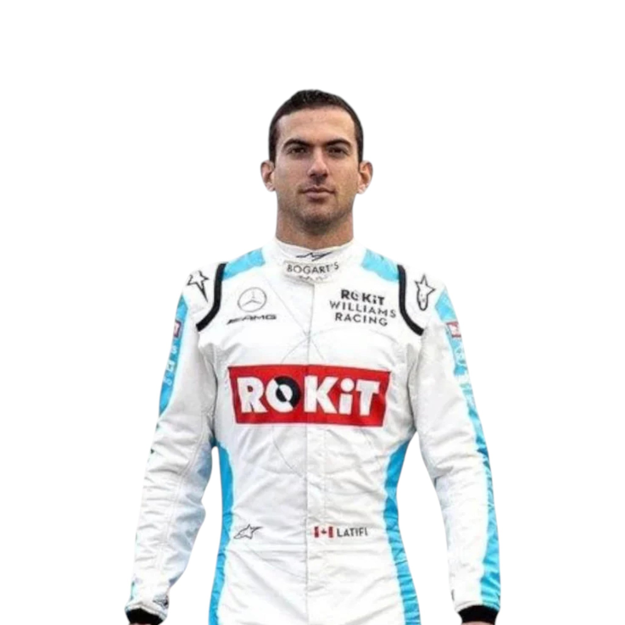 Nicholas Latifi 2020 Williams F1 race suit in white with blue and red accents featuring sponsor logos