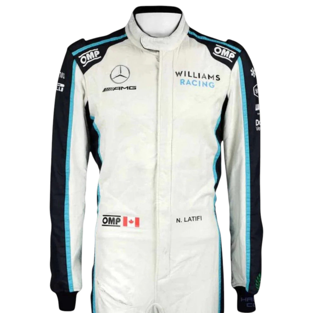 Nicholas Latifi 2021 Williams F1 race suit in white with navy blue and light blue accents featuring sponsor logos