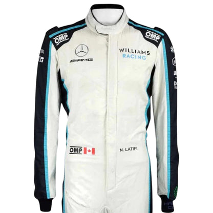Nicholas Latifi 2021 Williams F1 race suit in white with navy blue and light blue accents featuring sponsor logos
