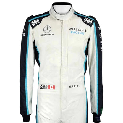 Nicholas Latifi 2021 Williams F1 race suit in white with navy blue and light blue accents featuring sponsor logos
