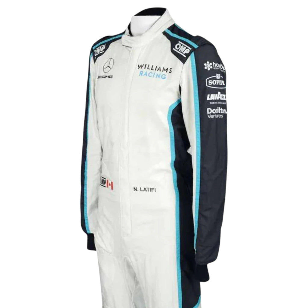 Nicholas Latifi 2021 Williams F1 race suit in white with navy blue and light blue accents featuring sponsor logos