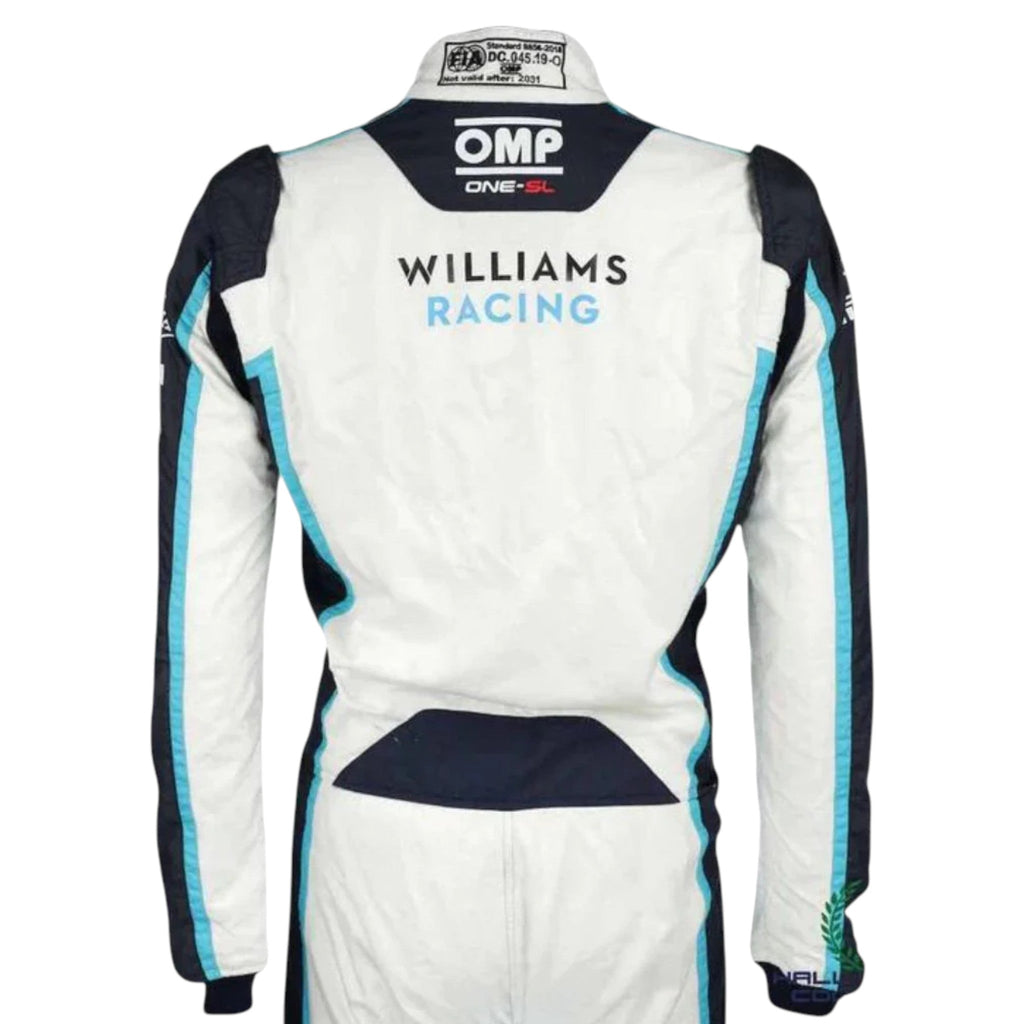 Nicholas Latifi 2021 Williams F1 race suit in white with navy blue and light blue accents featuring sponsor logos